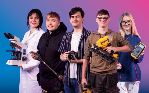 Four students on a colourful background